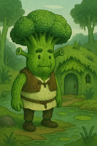 A whimsical broccoli character resembling Shrek stands near a small hut covered with greenery in a lush broccoli swamp setting.