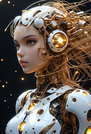 Close-up profile portrait of a realistic futuristic female robot featuring intricate mechanical parts and golden accents with glowing elements in the background.
