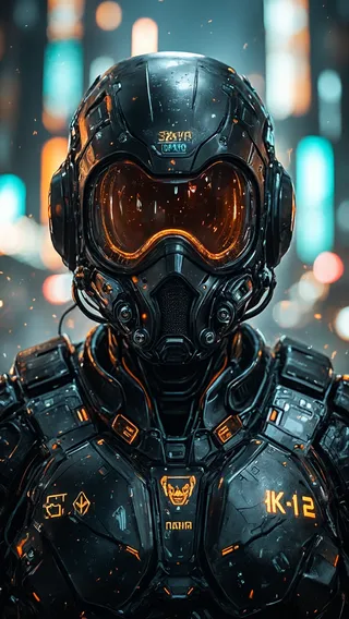 Photorealistic close-up portrait of a cybernetic soldier wearing a sleek, black titanium alloy exosuit with glowing orange LED accents and a reflective visor against a blurred neon city background.