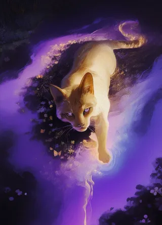 A golden cat bathed in UV lighting amidst colorful flowers and butterflies, rendered in a painterly, textured oil painting style with a mysterious and dreamlike atmosphere.