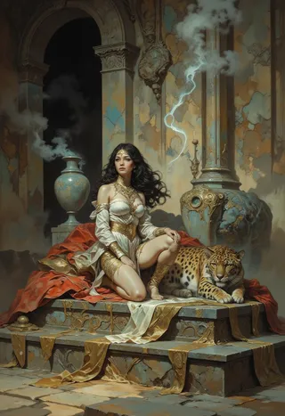 A beautiful princess with long dark hair and gold jewelry kneeling beside a tame leopard on a pile of velvet cushions inside a fantasy marble temple with a large smoking vase nearby.