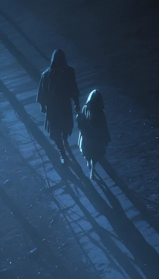 High angle view of a man in leather clothing holding hands with a barefoot girl wearing a hooded cloak, walking on a dirt road at night illuminated by moonlight with dramatic rim lighting and long shadows.