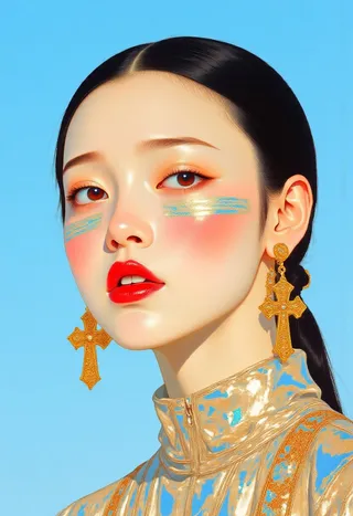 Close-up portrait of a Nepalese woman with metallic golden cross earrings, iridescent face markings, glossy red lips, and shiny metallic urban monk clothing against a clear blue sky.