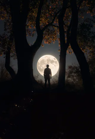 Silhouette of a person standing in a dark forest framed by tall trees with autumn leaves, illuminated by a large bright full moon rising in the background.