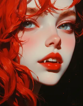Close-up hyper-realistic portrait of a young girl with vibrant red hair, pale skin, glowing blue eyes, and sharp vampire fangs, painted in a gothic style.