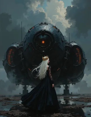 A hyper-realistic oil painting depicting a tween princess with flowing white hair and a gold crown walking away from a large black futuristic spaceship under stormy clouds.