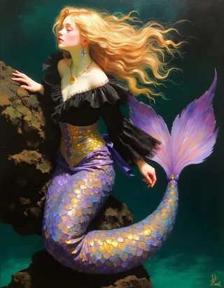A beautiful mermaid with long flowing blond hair, a shimmering purple-gold green tail, wearing a black dress shirt and intricate ocean-themed jewelry, rendered in a detailed oil painting style reminiscent of Rembrandt.