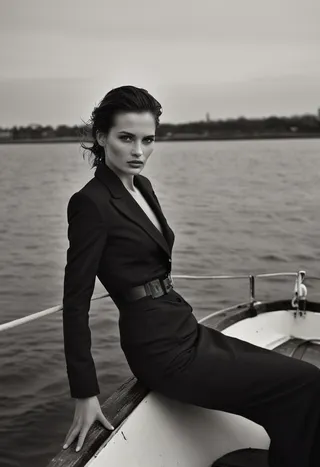Black and white fashion portrait of an elegant woman sitting on the edge of a boat with water in the background, styled in the moody style of Peter Lindbergh.