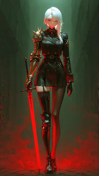 A white-haired girl with red eyes and asymmetrical hair stands in a foggy sword tomb wearing a black jacket and a golden spiked gauntlet, holding a red glowing sword.