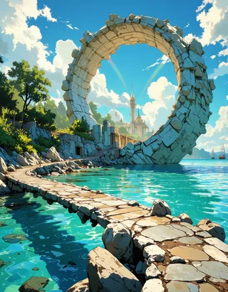 A stone pathway over turquoise water leading through a giant twisting stone arch toward a distant castle with tropical clouds and sailboats in the background.
