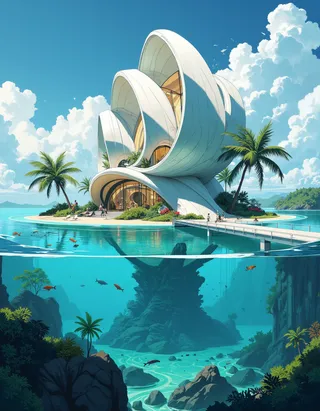 Futuristic ocean bridge resembling petals and shells on a tropical island, with glass floors, surrounded by tropical fish and aquatic plants.