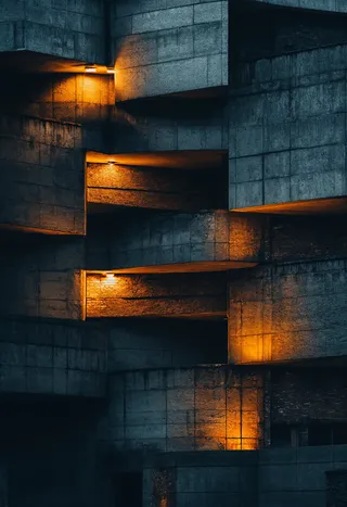 Dark and moody modern architecture with tiered concrete structures illuminated by a warm orange glow at night, featuring fractured and glitch effects.