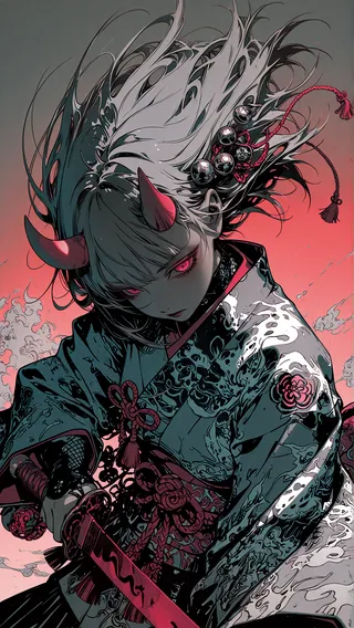 A demon girl with silver-gray hair, red demon horns, and pink eyes wearing a detailed red and white Japanese kimono, holding a sword with a dynamic pose, illuminated by soft lighting against a reddish sky background.