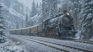 A vintage steam locomotive pulling glowing passenger cars through a rugged snow-covered mountainous landscape during a winter snowfall.