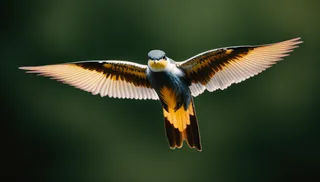 Closeup of a flying bird with outstretched leaf-like wings, showing detailed feathers and cinematic atmospheric haze on a blurred green background.