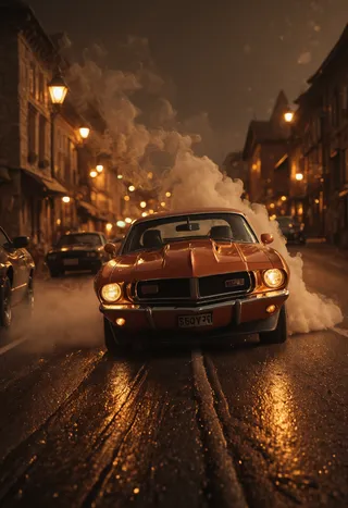 An American muscle car speeding on a wet city road at night, producing thick smoke, with dynamic cinematic lighting and street lamps illuminating the scene.