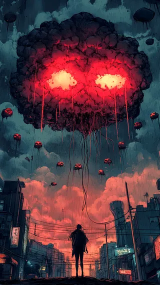 A dark, dystopian cityscape under an apocalyptic sky with a huge, floating cloud-like entity with glowing red and yellow eyes and smaller floating skull-like creatures, silhouetted figure standing below.