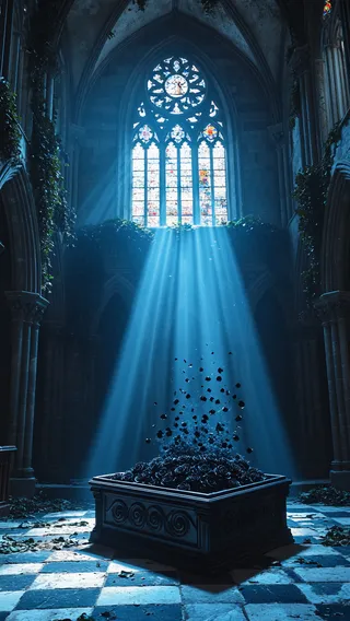 Interior of a gothic cathedral illuminated by a cold beam of moonlight through a broken stained-glass window, highlighting a black marble coffin with rising black rose petals.