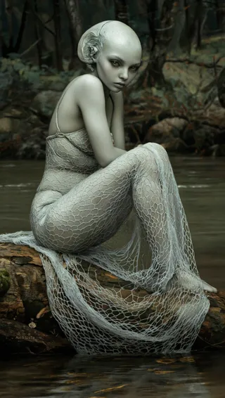 A slender alien woman with pale skin sits on a log by a river wearing a white netted dress. The background is a blurred forest and murky water, creating an eerie mood.