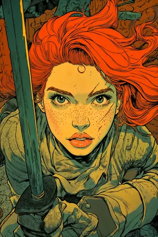 Red-haired female warrior holding a sword with intense gaze and freckled face, preparing for battle in comic art style.