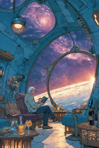 Man reading a book in a cozy spaceship lounge overlooking the cosmic view of an event horizon and sunrise through a large circular window.