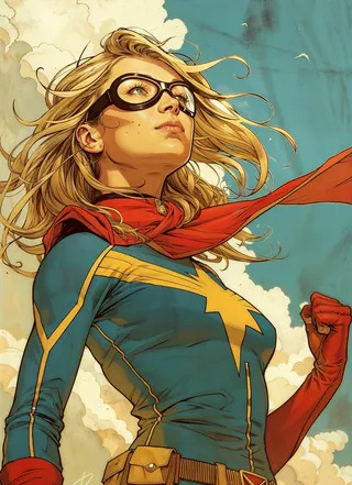 A confident female superhero wearing a blue costume with a gold star emblem, red gloves, and a flowing red cape, looking upward with wind-swept blonde hair and black glasses against a cloudy blue sky.