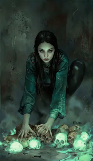 Digital painting of a young woman with long black hair wearing a green top, bending over glowing skulls in a dimly lit, dark smoky room with a green eerie glow.