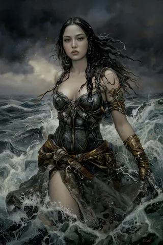 Realistic digital painting of a young Asian woman warrior standing in turbulent waves under stormy skies, wearing detailed black and gold armor with dramatic lighting.