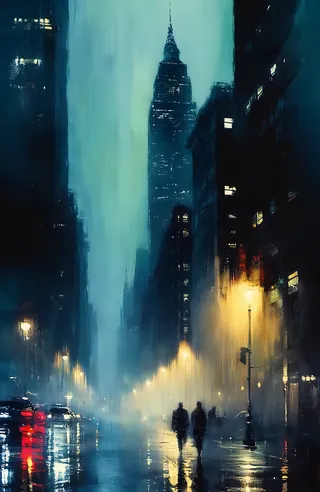 Digital painting of a rainy city street at night with tall illuminated skyscrapers, silhouetted figures walking, reflections on wet pavement, and moody foggy atmosphere.