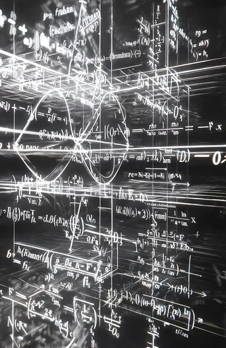 Black and white 3D abstract image featuring complex mathematical equations, overlapping text, geometric shapes, and bright highlights with dark shadows.