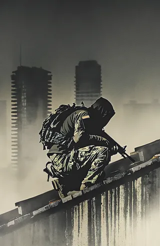 Silhouetted soldier crouching on a gritty rooftop holding a rifle, wearing a dark hooded jacket with camouflage pants and backpack, against a foggy cityscape background.