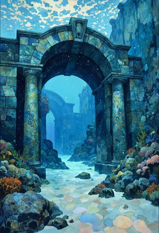 An underwater scene featuring a large stone archway with columns on either side, surrounded by colorful corals and rocks on the ocean floor.