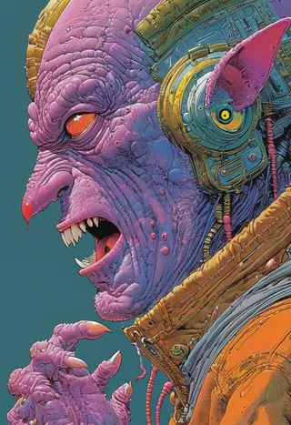 Highly detailed, colorful young monster with purple, wrinkled skin showing fear, wide open eyes, sharp teeth, and wearing a mechanical headset.