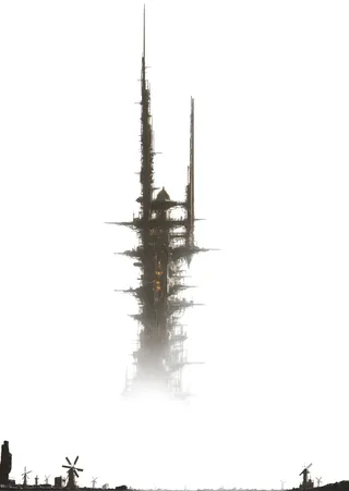 Tall black citadel tower with steampunk geometric architecture and high-tech industrial design, set against a white background with windmills at the base.