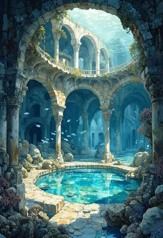 Underwater room featuring stone circular arches, a sunlit round pool with clear blue water, coral reefs, and fish swimming around.
