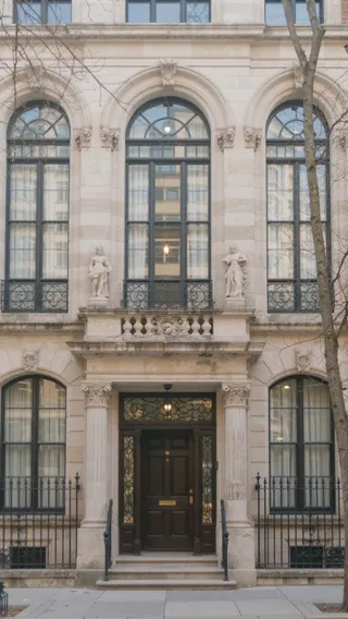Three-story townhouse with arched tall windows, an iron door, and detailed stone facade showcasing Art Deco style elements.