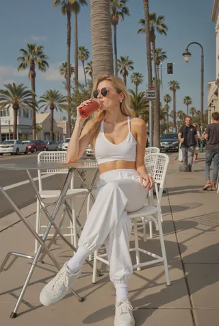 Blonde woman wearing sunglasses and a white sporty outfit sitting at a sidewalk cafe in Los Angeles drinking a cup of coffee on a sunny day with palm trees in the background.