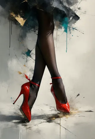 Legs in black tights wearing vibrant red stiletto heels against an abstract background with gold leaf and gestural brushstrokes.