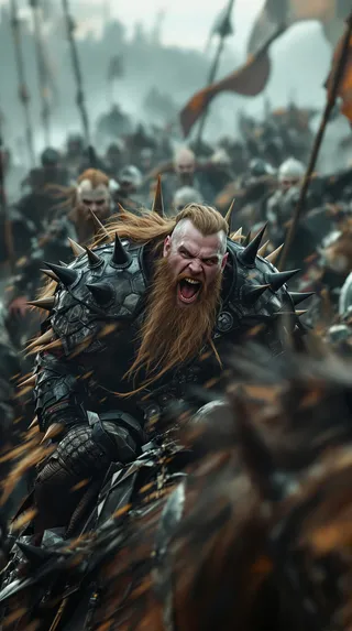 Fierce Viking warrior Ivar the Boneless with long red hair and beard, screaming intensely while riding a spiked war chariot in the midst of a battle with blurred soldiers and flags in the background.