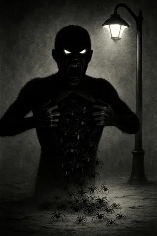 A dark, shadowy silhouette of a human figure with glowing evil eyes, screaming face, opening its chest to reveal many spiders pouring out under a single street light in a gloomy setting.
