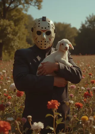Jason Voorhees usando sua icônica máscara de hóquei segurando um adorável cordeiro bebê em um vibrante campo de flores de verão com luz solar quente e efeitos suaves de bokeh
