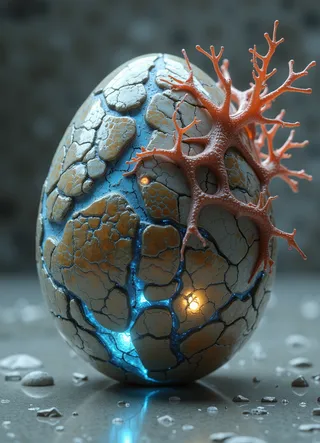 A highly detailed futuristic egg with cracked stone surface glowing blue from within, adorned with an organic red coral-like structure, resting on a reflective surface.