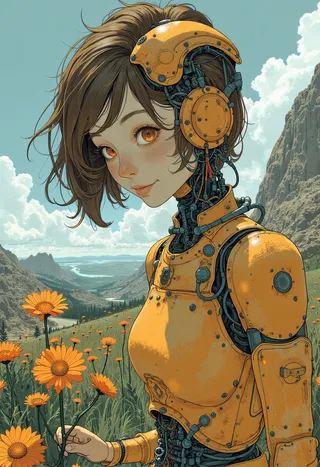 A female robot with short brown hair and orange eyes smiles while planting orange flowers in a lush green field on an alien planet with mountains and a river in the background.