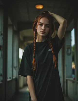 Photo of a young woman with red braids wearing a loose black t-shirt dress, posing with hand on head in dimly lit corridor with strong depth of field.