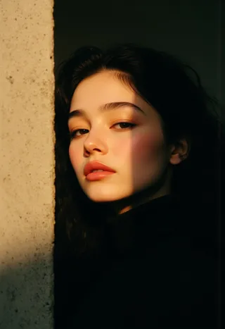 A beautiful woman with curly dark hair leans against a concrete wall, her face partially in shade and softly lit by golden light, creating a mysterious and contrast-rich portrait.