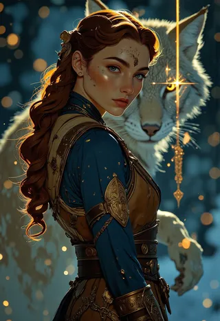 Close-up cinematic portrait of a royal Nordic woman embodying goddess Freya with auburn-brunette braided hair adorned with gold threads, wearing golden armor and blue attire. A giant lynx with glowing golden eyes appears in the mist behind her.