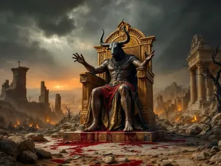 A bull-headed statue of the deity Moloch seated on an ornate golden throne with arms outstretched, surrounded by ancient ruins and fresh blood on a desolate, ash-covered ground under a stormy sky.