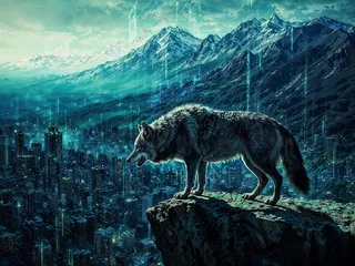 A wolf standing on a rocky cliff overlooking a futuristic city illuminated with digital rain, backed by towering snow-capped mountains under a cloudy sky.
