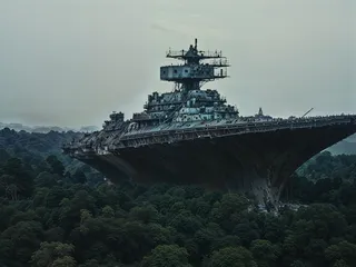Massive military aircraft carrier floating above and surrounded by dense forest under a misty gray sky