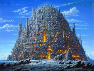 A massive fantasy city fortress shaped like a mountain with hundreds of glowing yellow windows under a bright blue sky with scattered clouds, situated on a rocky shoreline.